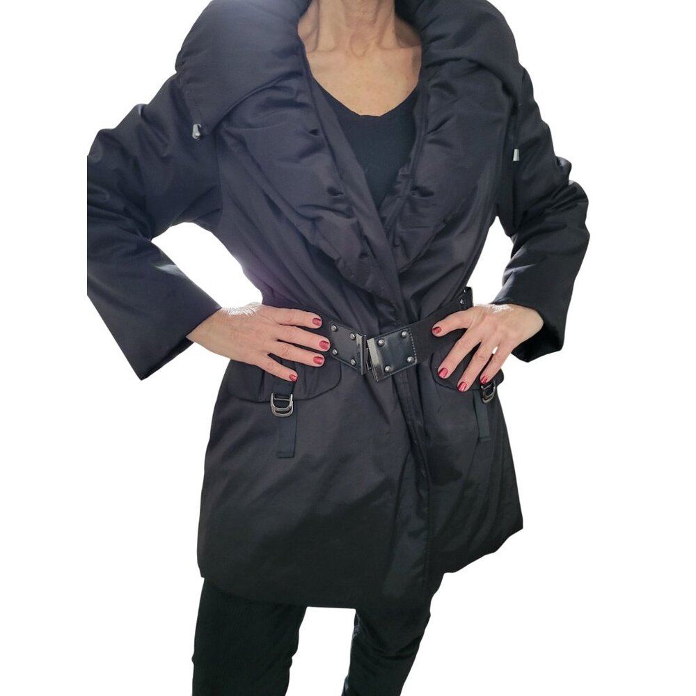 Magaschoni Collection Womens Black Puffer Coat size Medium belted apres Ski